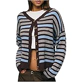 WDIRARA Women's Striped Button Up Cardigan Sweaters Long Sleeve V Neck Knit Outerwear