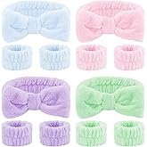 CIEHER 12 PCS Makeup Headband for Women Wrist Washband Scrunchies Cuffs for Washing Face, Soft Bow Hair Band Matching Wristbands, Pink, Purple, Blue, Green