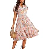Fashionme Womens Summer Dresses Casual Petal Sleeve Floral Patchwork Knee Length V Neck Tiered Button Down with Pockets