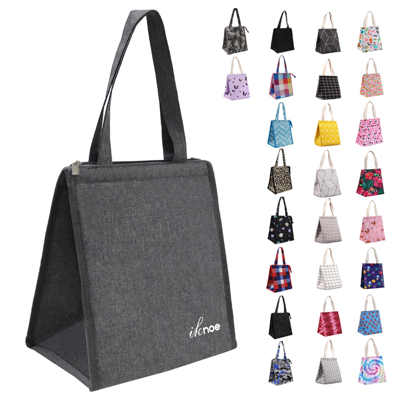 iknoe Insulated Lunch Bag for Women & Adults, 9L Foldable Wide-Open Cooler Bag with Pockets, Leakproof & Portable, for Picnic, Office, Beach(Plain grey)