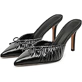 XBKXMK Kitten Heels for Women Bow Pointed Toe Heel Dressy Slip on Mules Trendy Sexy Stiletto Pumps Shoes