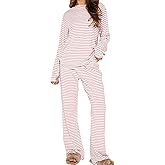 Ythomm Striped Pajamas Womens 2 Piece Sets Long Sleeve Tee Shirts Drawstring Wide Leg Pants Matching Sets Fall Lounge Outfits