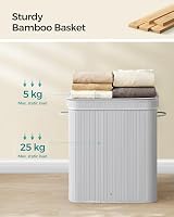 SONGMICS 100L Bamboo Laundry Hamper with Lid Removable Liner Grey LCB063G01 view 6