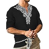 JoZorro Mens Polyester Linen V Neck Henley Shirt Long Sleeve Caftan Handmade Tunic Embroidered Casual Beach T Shirts