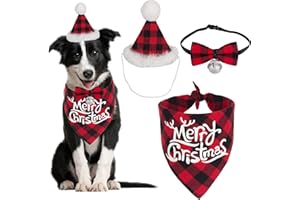 PTDECOR Christmas Dog Bandana Hat, Buffalo Plaid Dog Christmas Hat Scarf Dog Triangle Bibs Kerchief Christmas Bandanas for Small Medium Dogs Pets