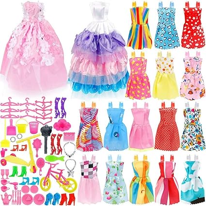 EDTara 73Pcs Doll Clothes Party Gown Shoes Bag Necklace Hanger Toy Accessories Random Color