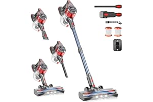 BSNAW Cordless Stick Vacuum Cleaner - Rechargeable, 35Kpa Powerful Vacuums with Detachable Battery, LED Display, 45Mins Runtime, 8 in 1 Handheld Vacuum for Hardfloor & Carpets Pet Hair, Red