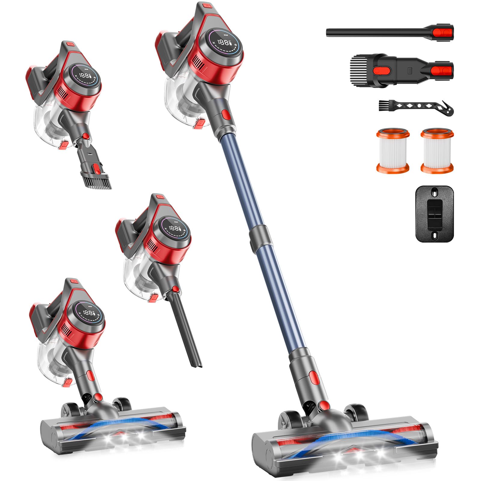 Photo 1 of BSNAW Cordless Stick Vacuum Cleaner - Rechargeable, 35Kpa Powerful Vacuums with Detachable Battery, LED Display, 45Mins Runtime, 8 in 1 Handheld Vacuum for Hardfloor & Carpets Pet Hair, Red
