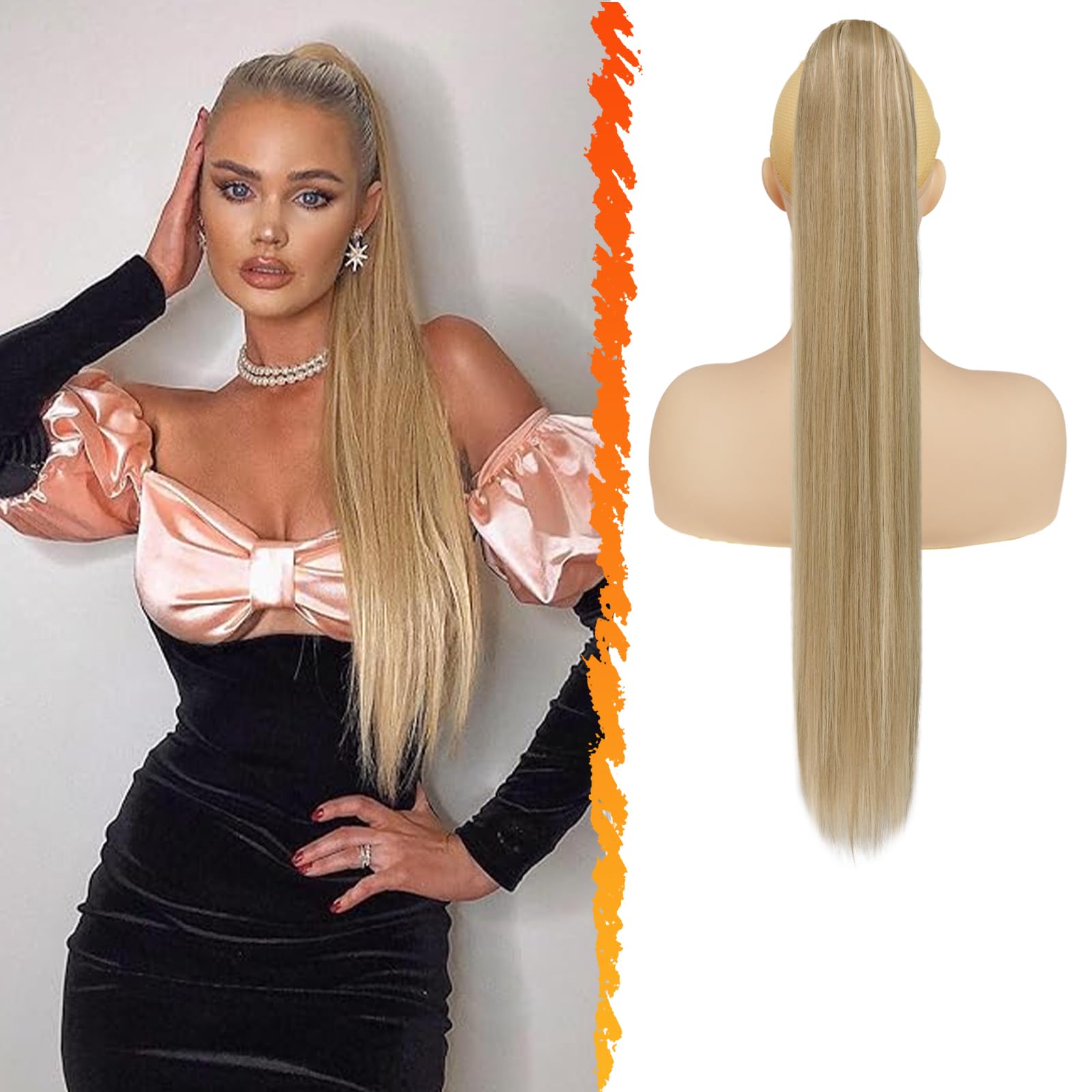 BARSDAR Drawstring Ponytail Extension, 26 Inch Long Straight Blonde Ponytail Hair Extensions Synthetic Fake Pony Tails Hairpieces Clip in Ponytail for Women Girls Daily- Light Ash Blonde Mixed