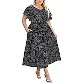 Celkuser Womens Plus Size Short Sleeve V Neck Summer Boho Casual A-Line Floral Midi Dress with Pockets
