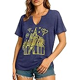 Flafens V Neck T-Shirts for Women - Graphic Short Sleeve Tees Tops Fashion Trendy Soft Casual Summer Outfits Clothes