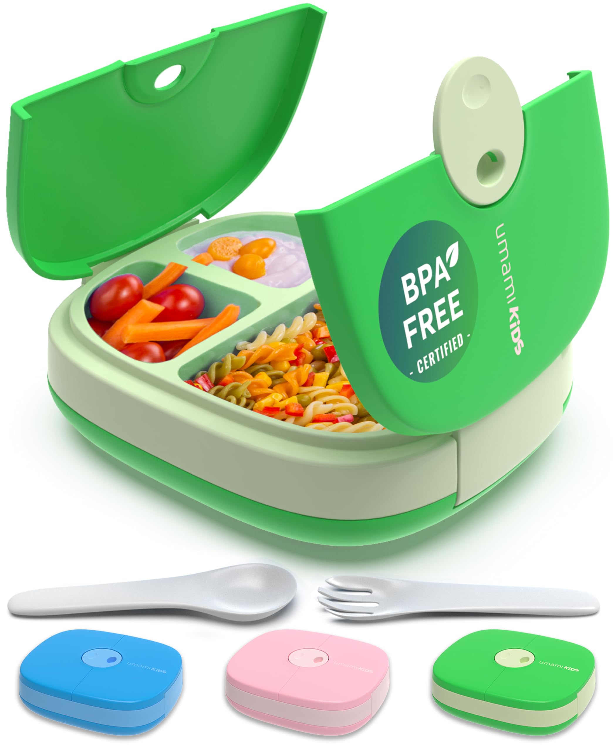 Umami Kids Lunch Box with Cutlery, Leak-Proof, Durable, Bento-Style, 3 Big Compartments, Ideal Portion Sizes for Ages 3 to 9, for Daycare Boys and Girls, BPA-Free, Microwave & Dishwasher Safe (Green)