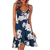 ULTRANICE Womens Summer Dresses Floral V Neck Ruffled Hem Spaghetti Spring Casual Beach Outfits Flowy Wrap Sun Dress