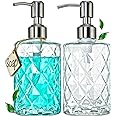 JASAI 2Pack Diamond Embossed Glass Soap Dispenser with 304 Rustproof Stainless Steel Pump, 12 OZ Bathroom soap Dispenser with A Wooden Tag, Elegant Hand Soap Dispenser for Bathroom & Kitchen