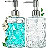 JASAI 2Pack Diamond Embossed Glass Soap Dispenser with 304 Rustproof Stainless Steel Pump, 12 OZ Bathroom soap Dispenser with A Wooden Tag, Elegant Hand Soap Dispenser for Bathroom & Kitchen