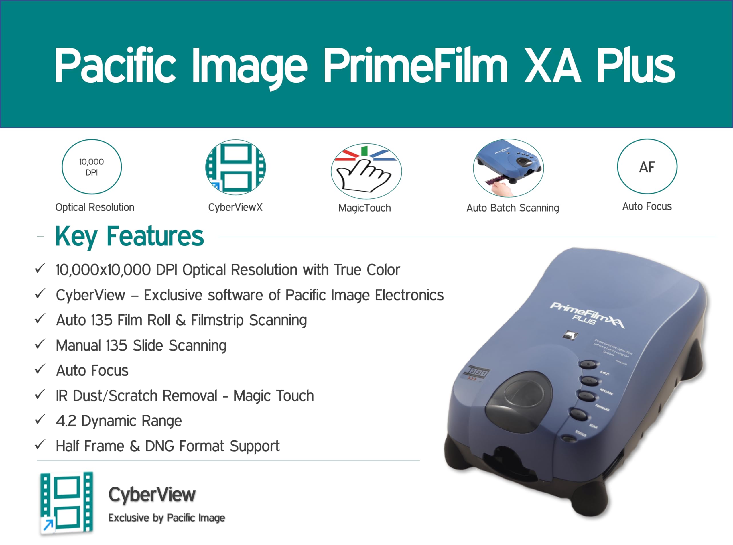 Pacific Image PrimeFilm XA Plus Film Scanner, Auto Roll Film and 35mm Film Strip Scanning, 10000 dpi/48-bit Output. 4.2 Dynamic Range, Support Mac/Windows