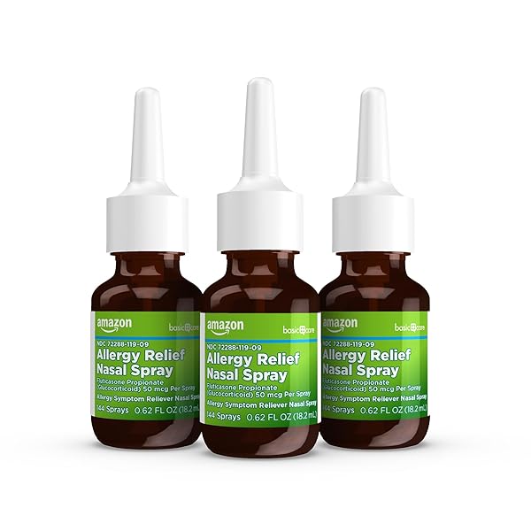 AMAZON BASIC CARE 24-HOUR ALLERGY RELIEF NASAL SPRAY, FLUTICASONE PROPIONATE (GLUCOCORTICOID) 50 MCG, FULL PRESCRIPTION STRENGTH, NON-DROWSY, 0.62 FL OZ (PACK OF 3)