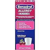 Benadryl Allergy Medicine Liquid, Diphenhydramine HCl, Wild Cherry, 4 fl oz | Antihistamines for Adults, Alcohol-Free, Hay Fever Allergy Relief for Sneezing, Runny Nose, Itchy &amp; Watery Eyes