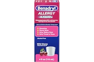 Benadryl Allergy Medicine, Liquid Diphenhydramine HCl Antihistamines for Adults, Alcohol-Free, Hay Fever Allergy Relief for Sneezing, Runny Nose, Itchy & Watery Eyes, Wild Cherry 4 fl oz