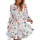 ZESICA Womens Spring Long Sleeve Floral Mini Dress 2026 Summer Boho V Neck A-Line Flowy Dresses Beach Vacation Clothes