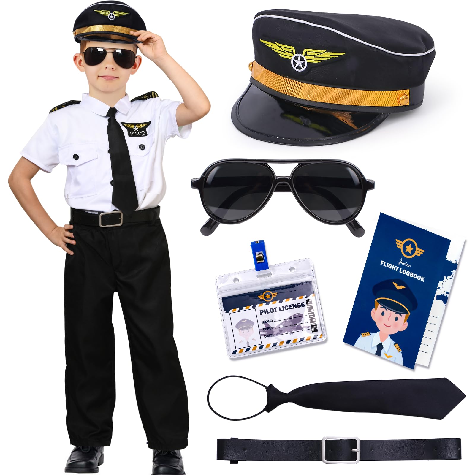 Photo 1 of Tacobear Pilot Costume for Kids Boy Airline Uniform Sunglasses Pilot Hat Accessories Halloween Costume