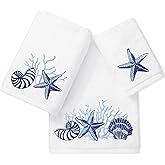 JarThenaAMCS Ocean Bathroom Towels Set of 3 Embroidered Cotton Bath Towel Seashell Starfish Coral Summer Hand Towel Wash Cloth for Hand Drying Shower Supplies