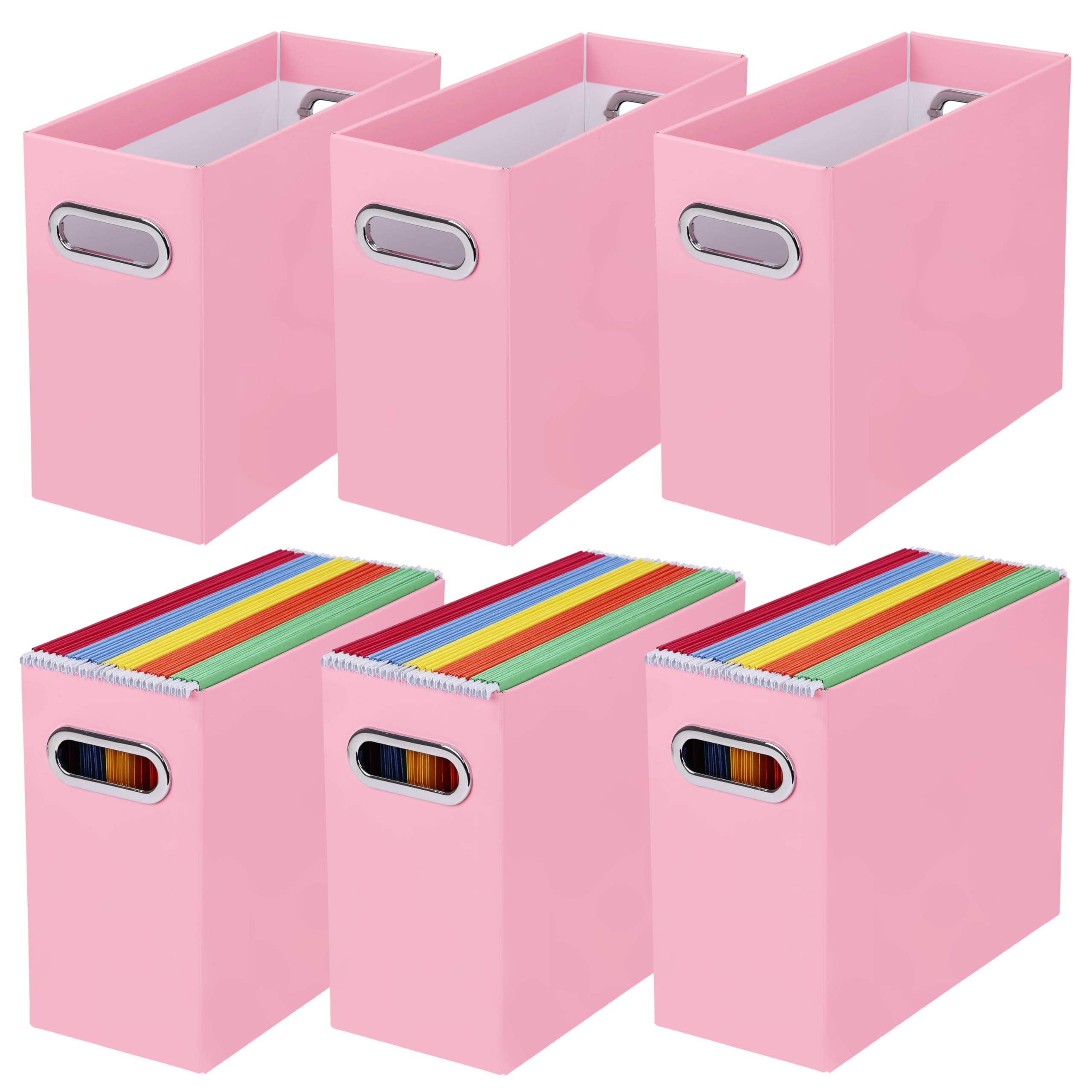 BELLE VOUS Pink Cardboard Hanging File Storage Boxes (6 Pack) - Collapsible Decorative Home/Office Filing Boxes - Letter/Legal Size Documents & Files