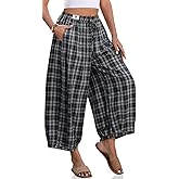TARSE Women Cotton Linen Wide Leg Pants Plaid Loose Harem Pants Palazzo Casual Boho Summer Capri with Pockets