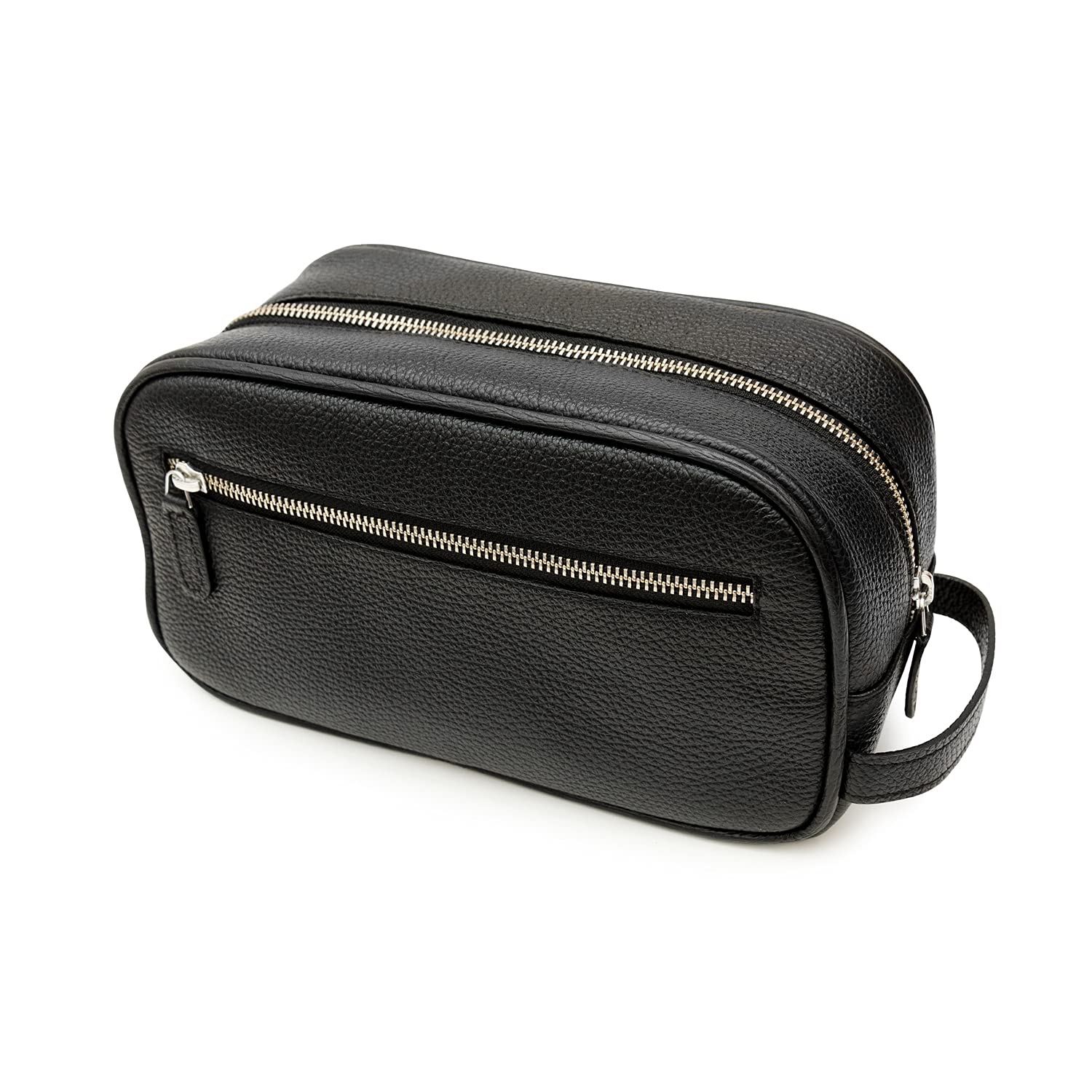 Maruse Italian Leather Toiletry Travel Bag with 2 Zippered Closures for Men and Women, Handmade in Italy, Black