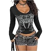 Milumia Women's Y2k Punk Graphic T Shirt Sexy V Neck Long Sleeve Crop Tops Streetwear
