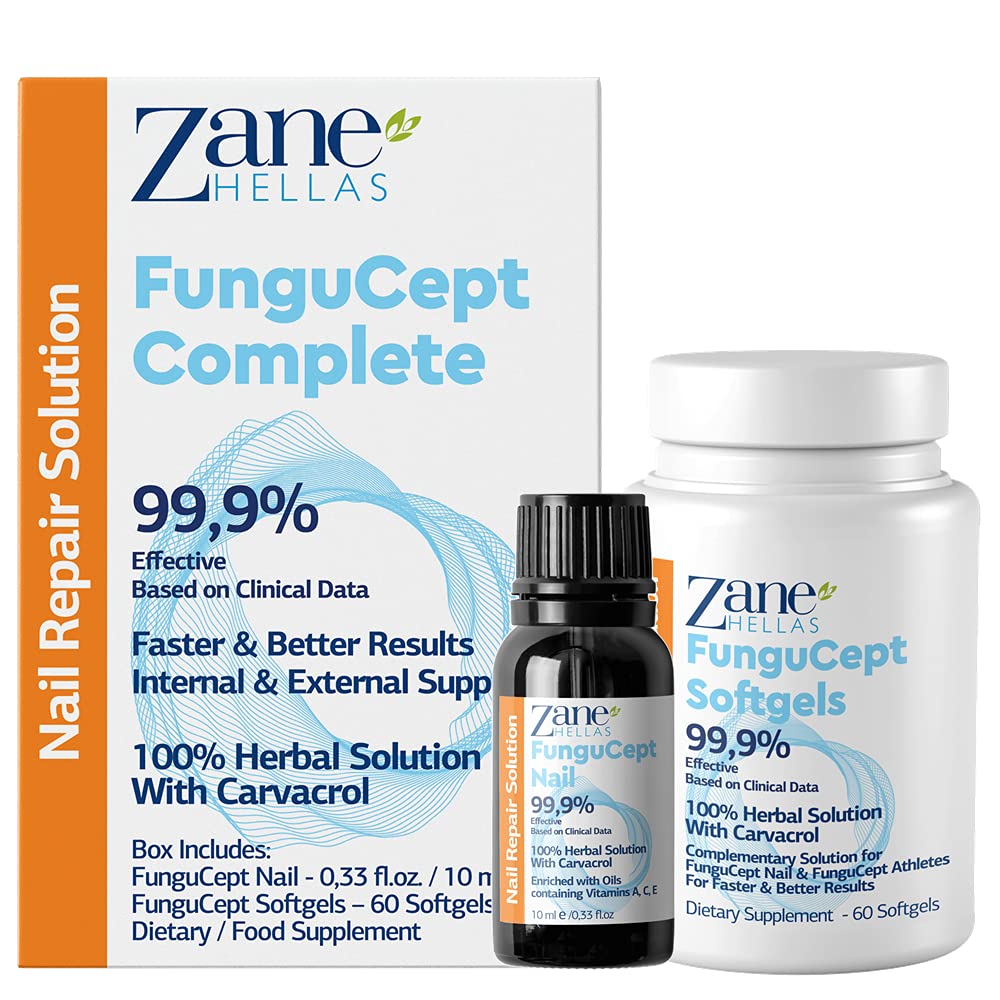 Zane Hellas FunguCept Complete. Fungal Nail Solution. Fungus Nail Solution for Discolored, Thickened, Crumbled and Fungi Nails. Visible Results in 4 Weeks.0.33 oz -10ml and 60 Softgels.