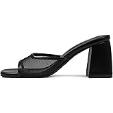 Mattiventon Heeled Sandals for Women Slide Sandals Square Open Toe Mules Chunky Heels Slip On Summer Dress Shoes