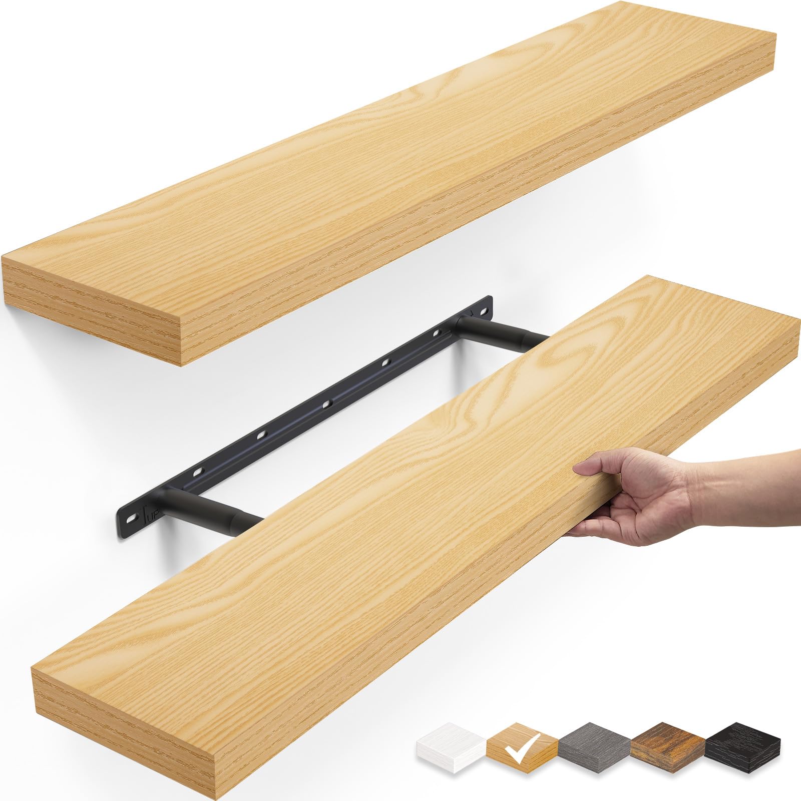 Photo 1 of **** BRAKETS INSIDE WOOD PLANKS *** BAYKA Floating Shelves, 22.5 inches Wall Mounted Wood Shelves for Bathroom, Bedroom, Living Room, Kitchen, Hanging Shelf for Books/Storage/Decor (Oak-Toned,Set of 2)