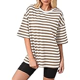 TERIVEEK Women Oversized Striped Color Block Short Sleeve Crew Neck T-Shirts Casual Loose Pullover Tops Summer Tee Shirt
