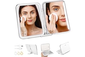 Omobolanle Travel Makeup Mirror, Desk Mirror with Light, 5X Magnifying Mirror with Auto-Off Lights and Stand, Rechargeable Portable Folding LED Vanity Mirror, Gift for Mother White