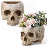 Acellegic 2 Pack Halloween Skull Planter, Beige, Vintage | Resin Skull Head Flower Pot, Candy Bowl, Spooky Gothic Decoration, for Tabletop Home Bar Office Desk