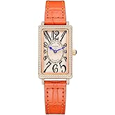 ROCOSJEWE Rectangle Watch for Women with Easy Read Arabic Numeral Ladies Casual Dress Watch Orange/Blue Leather Band Watches - Water Resistant Gift for Her