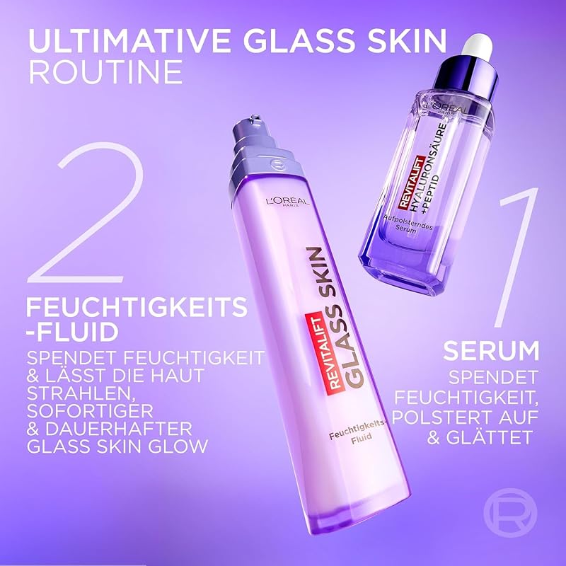 L'Oréal Paris Glass Skin Feuchtigkeits-Fluid, für aufgepolsterte & glowy Haut, mit Hyaluronsäure + 5% [Vitamin B3 + Pro B5 + C], Anti-Aging Gesichtsfluid, [Amazon Exclusive] Revitalift Filler, 70ml