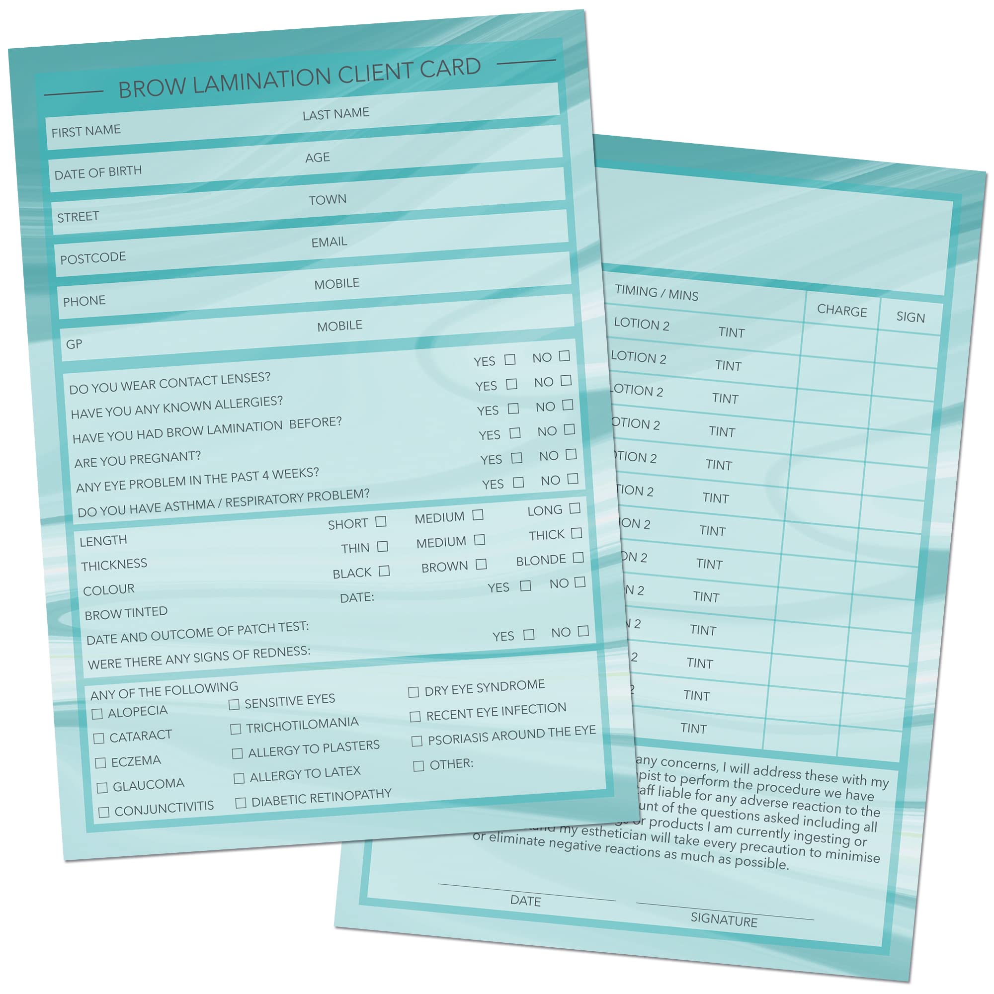 Brow Lamination Client Cards A6 Size - Salon and Therapist Customer Consultation Record - Treatment Services Essentials - Profile and Recording Forms - Beauty Stationery - 105x148mm - Pack of 50