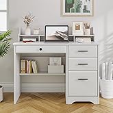 4 EVER WINNER White Desk with Drawers, Small Desk with File Drawer for Small Spaces, Writing Desk with Monitor Stand Wood Tab