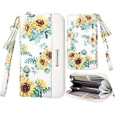 Coco Rossi Women Wallets Multi Card Case Wallet Clutch Wallet Card Holder Organizer Ladies Purse Floral Tassel Wrist strap Purse,White Sunflower