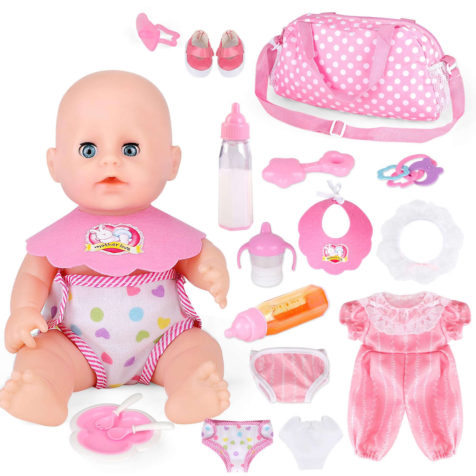 deAO Baby Doll Accessories Playset with Doll Clothes, Bottle, Pacifiers, Diapers, Bib, Plates, 18 PCS Pretend Play Baby Doll Feeding and Caring Set for Kids Girls 3 4 5 Years Old (Not Included Doll)