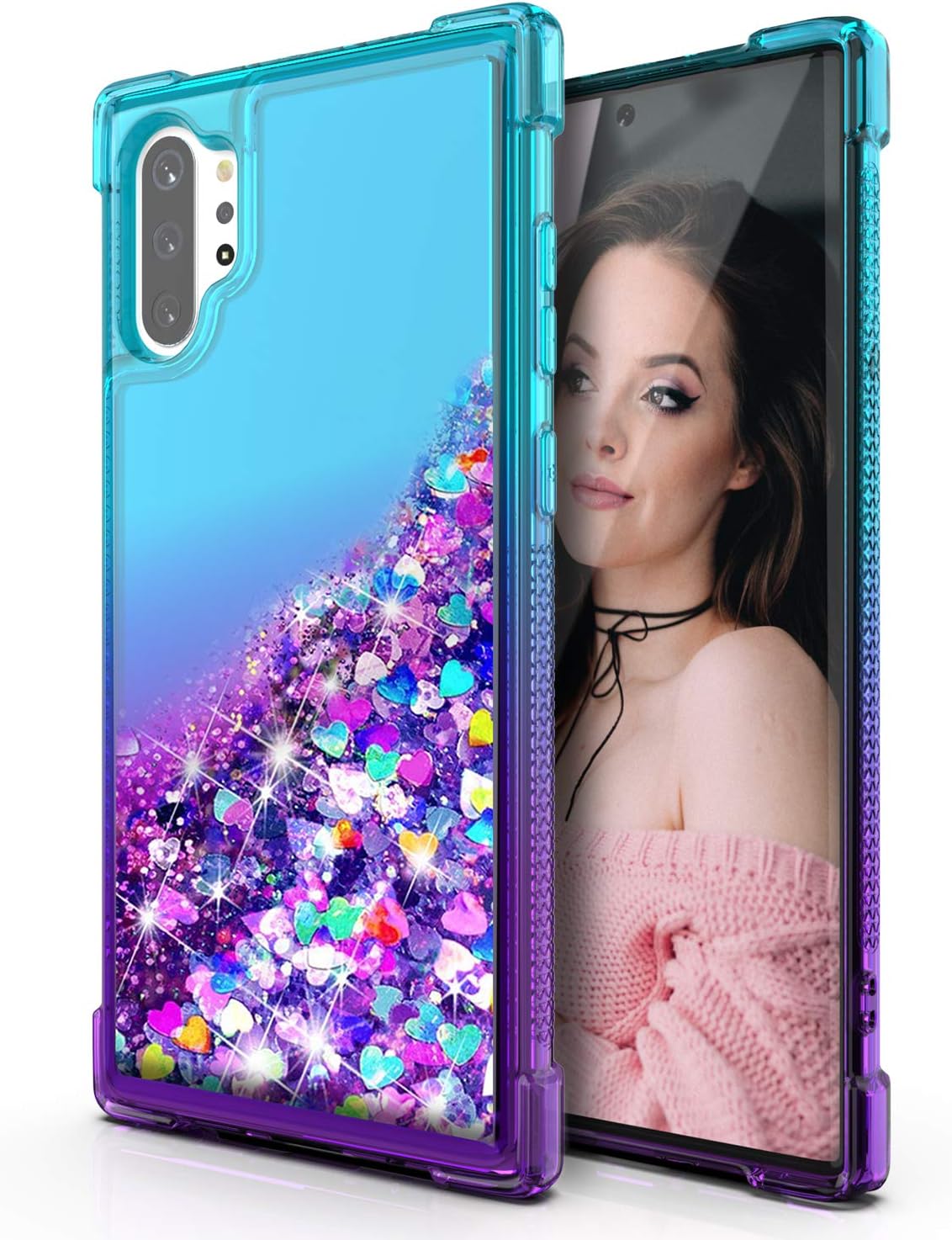 QQCASE Galaxy Note 10 Plus Case,Three Layer Hard Clear Glitter Sparkle 3D Flowing Liquid Heavy Duty Sturdy Shockproof Protective Bling Case for Samsung Galaxy Note 10 Plus (2019 Release) Pink