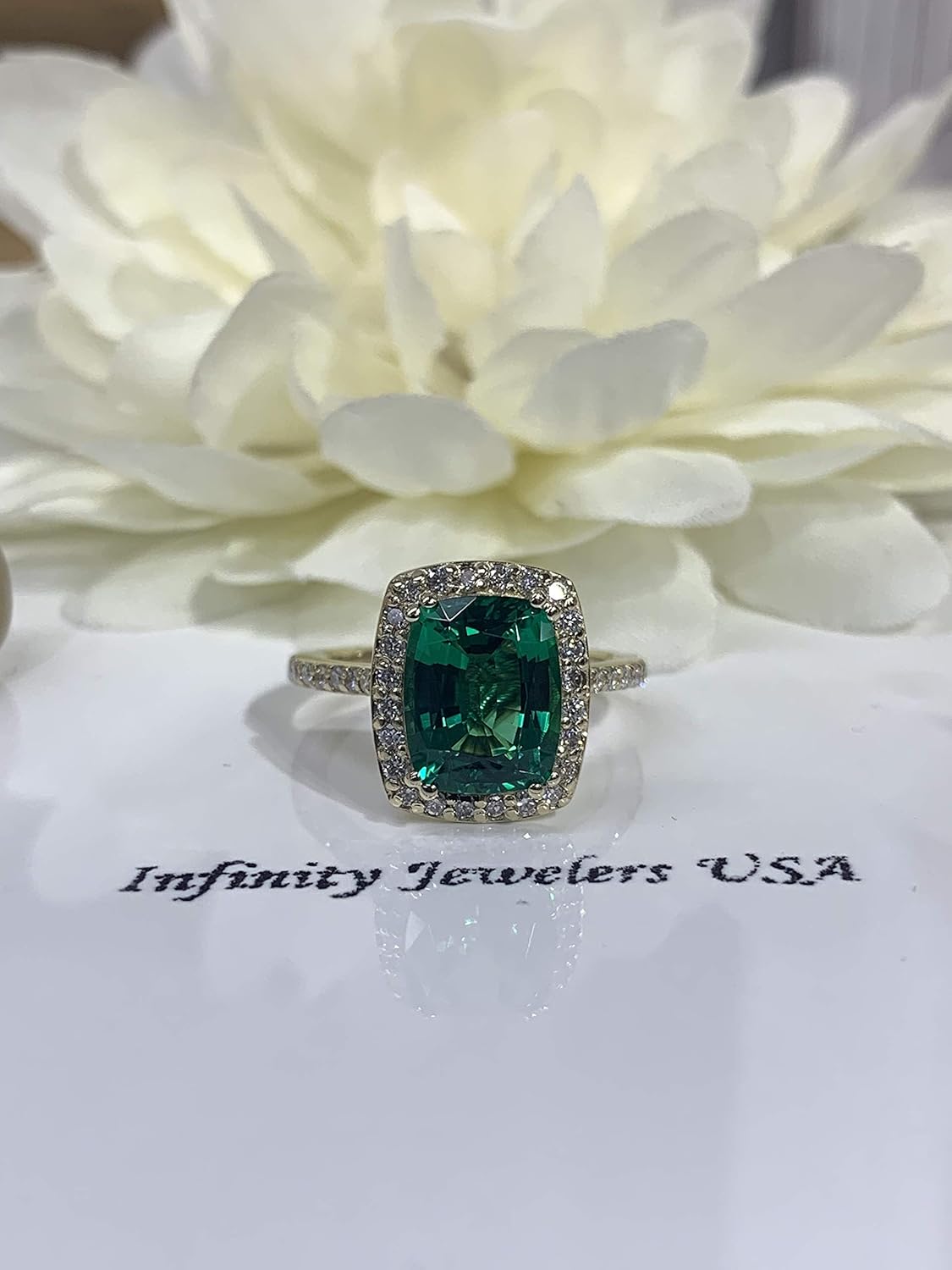 Amazon Com Elongated Cushion Cut Green Emerald Diamond Halo