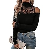 WDIRARA Women's Cold Shoulder Turtle Neck Sweathers Lace Long Sleeve Slim Fit Pullover Tops