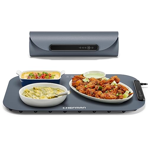 Chefman Roll n’ Go Food Warming Mat, Electric Warming Tray for Buffets, Parties, Holidays, 3 Temperature Settings, Easy-Clean Silicone Mat, Roll Up Food Warmers w/Storage Bag - Grey