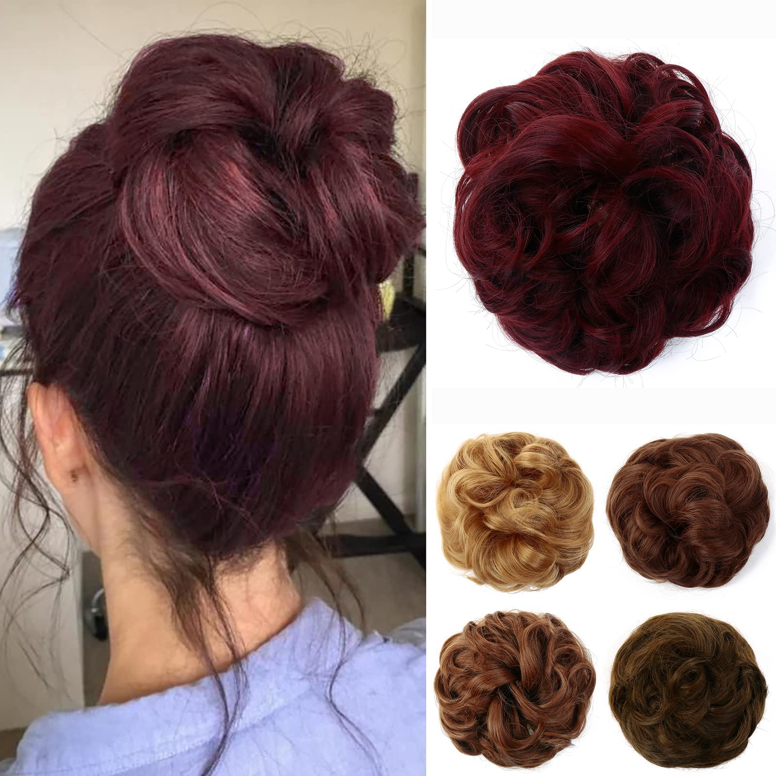 JJstar Messy Hair Bun Curly Wavy Hair Scrunchies Accessories Pieces for Women Girls Synthetic Chignons (Wine Red)
