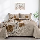 Anibedding Floral Quilt Set King Size,Elegant Brown Floral Printed Bedspread Coverlet 3 Pieces Soft Microfiber Bedding Set with 2 Pillowcases for All Season(104"×90")