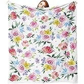 Zzkol Watercolor Flower Flannel Throw Blanket, Colorful Rose Peony Floral Gifts for Kids Men Women, Spring Summer Soft Blanket for Bedding Sofa 50 x 60 Inches