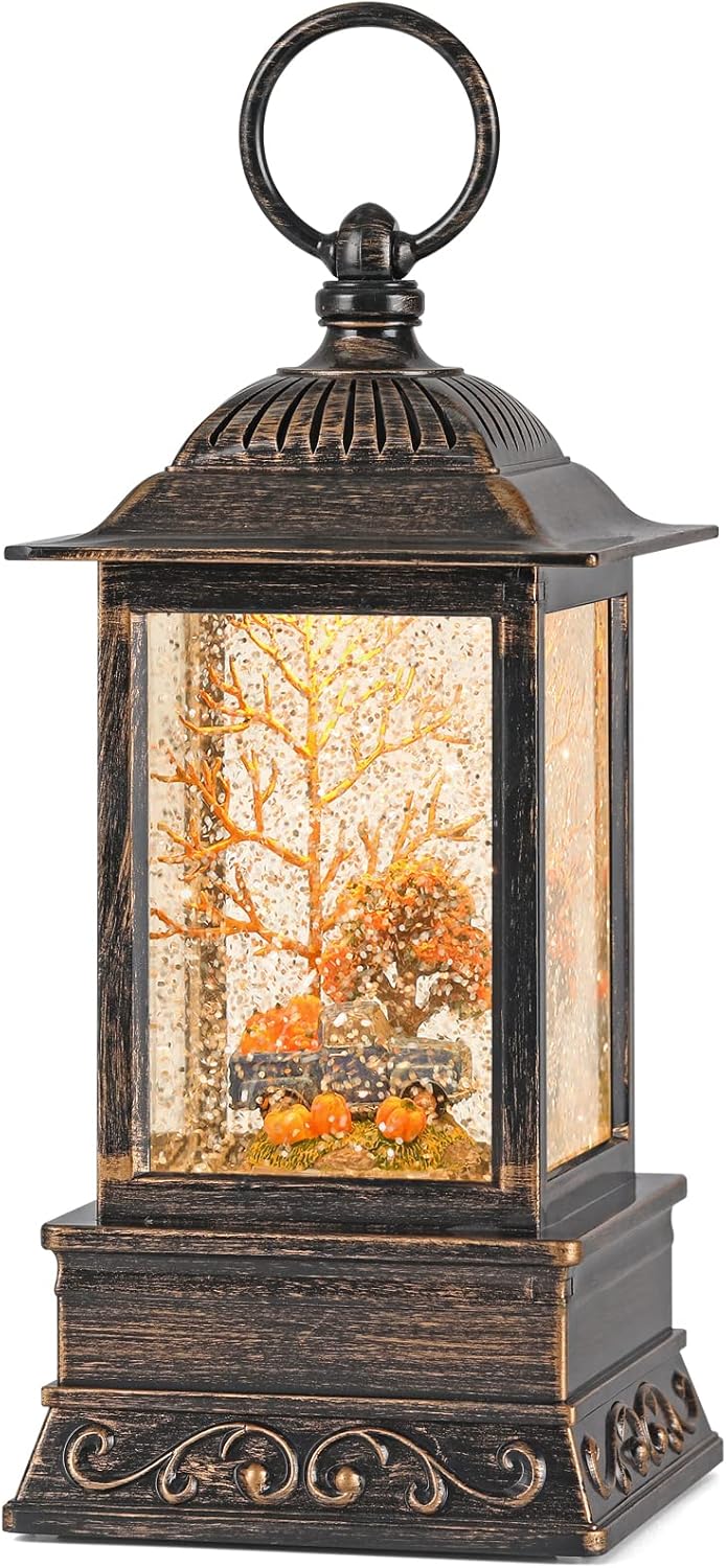 Snow Globes - Fall Snow Globe Lantern, Thanksgiving Lighted Lantern, Swirling Glitter Snow Globe for Fall Harvest Day Decorations, Home Fall Decor, Halloween and Gift (Truck&Pumpkins)
